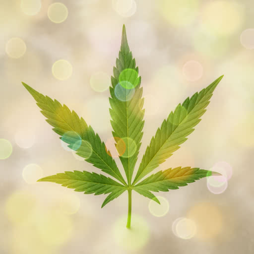 A leaf from a cannabis plant presented in a bokeh-inspired effect