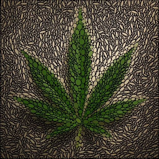 A leaf from a marijuana plant shown with a repeated ellipse pattern