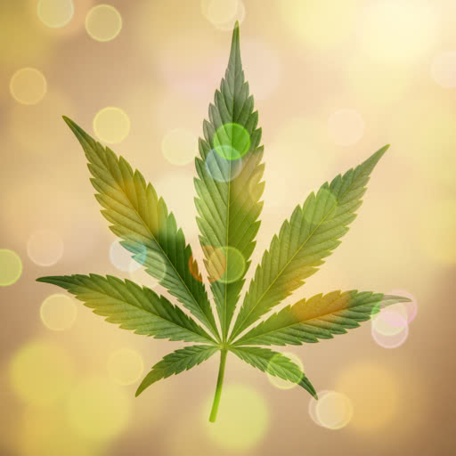 A leaf from a marijuana plant presented in a bokeh-inspired effect