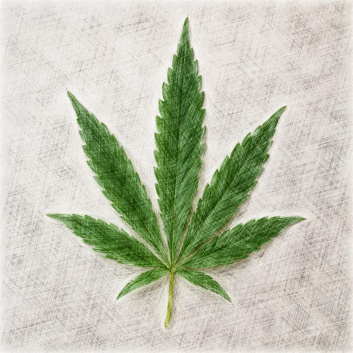 One cannabis leaf presented in a drawn sketch rendering