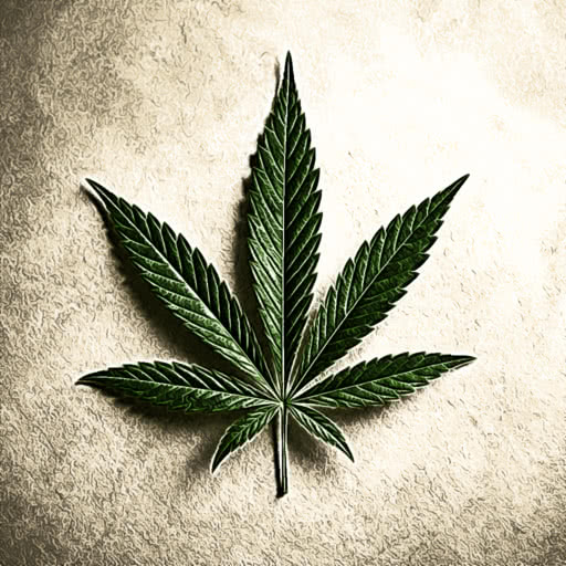 A leaf from a marijuana plant shown with a colored pencil style
