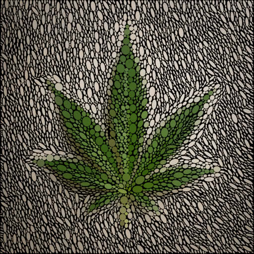 A leaf from a cannabis plant transformed using an ellipse packing effect