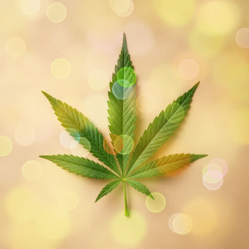A cannabis leaf presented in a blurred light bokeh effect