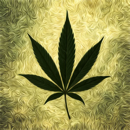A leaf from a cannabis plant shown with a painterly daub style