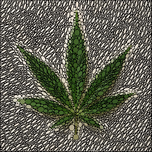 A leaf from a marijuana plant transformed using an ellipse packing effect