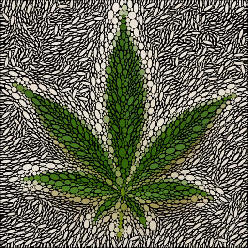 A leaf from a marijuana plant transformed using a geometric packed-ellipse treatment